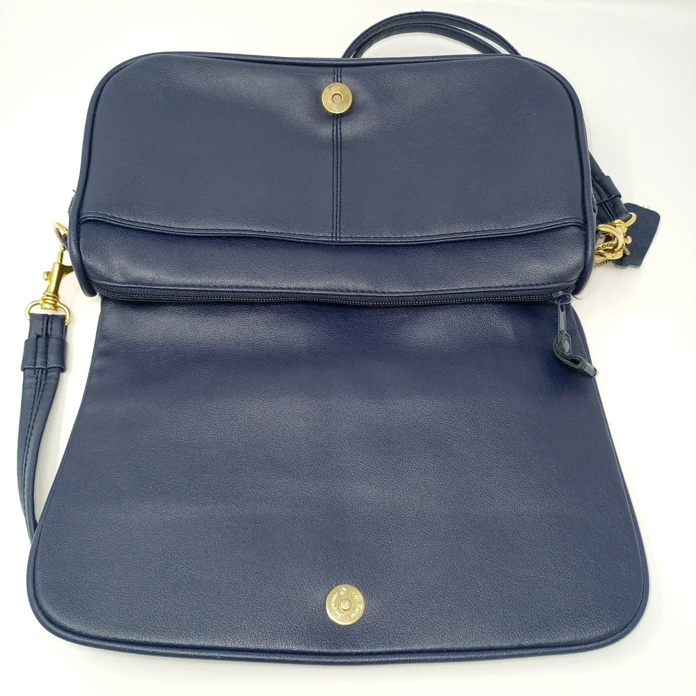 Vintage Cabin Creek Leather Shoulder Bag Purse Navy Blue Gold 90s Office Cottage